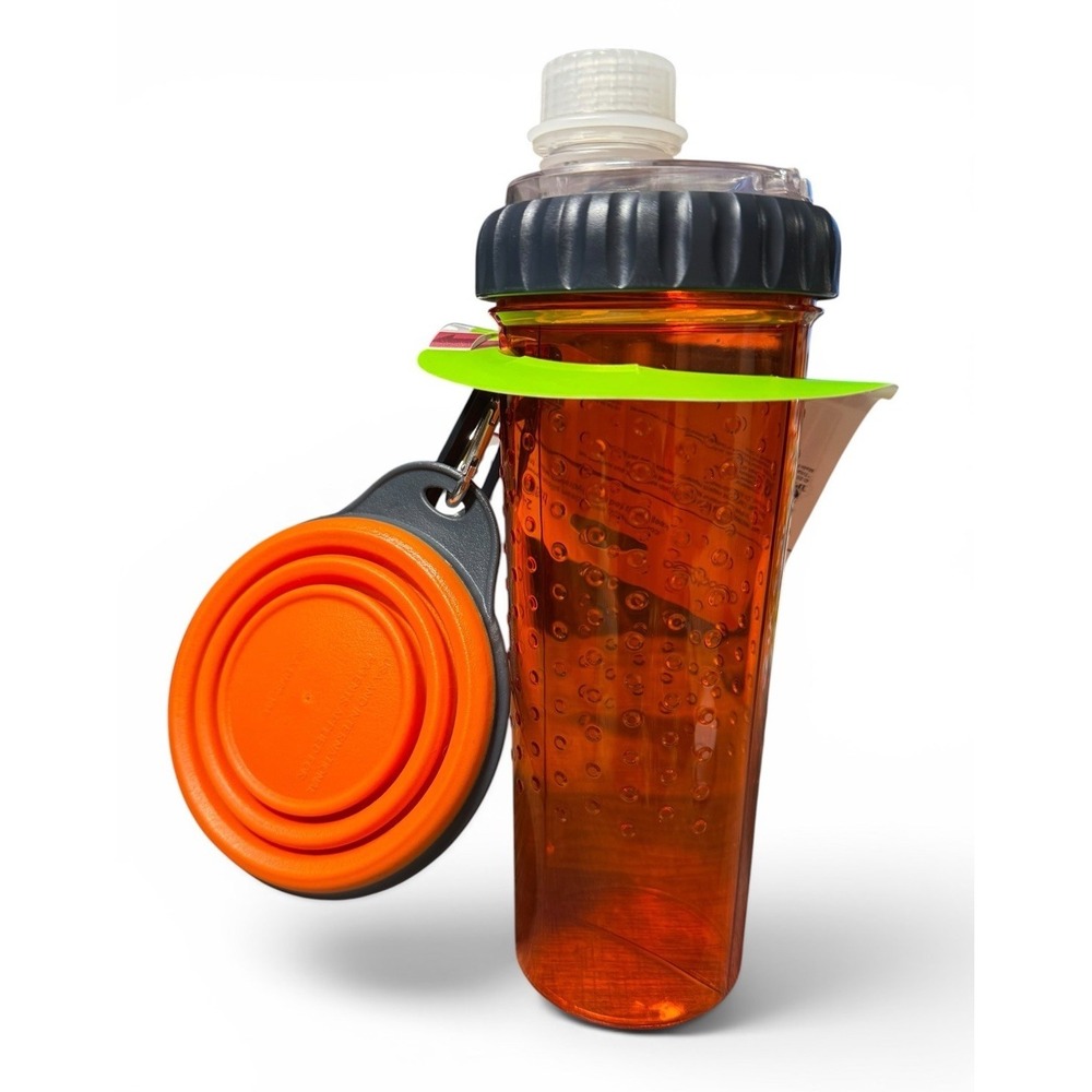 Good2Go 2-in-1 Pet Water Bottle Travel Bowl Orange 15 oz Dog Cat New